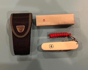 Swiss Army Knife - White Huntsman Plus, brand new in box, w/ red lanyard & case