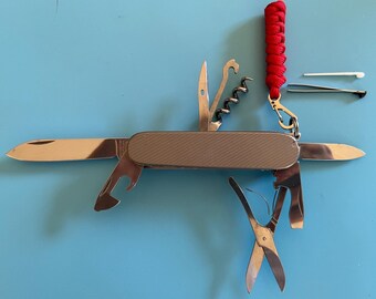 Victorinox titanium Custom Multitool, General Suisse , Gray Titanium with Red Lanyard