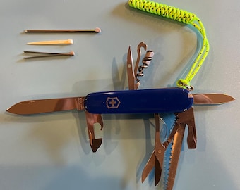 Victorinox, Brand New, Swiss Army Knife, Cobalt Blue, Huntsman Plus, with lime green lanyard