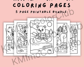 Puede incluir: Un paquete de cinco páginas para colorear imprimibles con animales de campamento. Las páginas incluyen ilustraciones de un mapache, un perro, un oso, una ardilla y un conejo. El texto dice "CAMPING CRITTERS COLORING PAGES" y "5 PAGE PRINTABLE BUNDLE". El texto inferior dice "INSTANT DIGITAL DOWNLOAD - 21,59cm x 27,94cm".