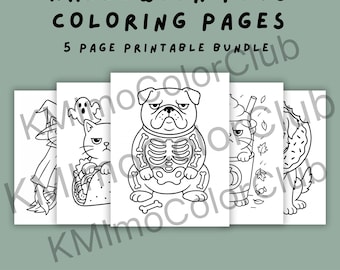 Könnte beinhalten: Ein Bundle von fünf ausdruckbaren Halloween-Malvorlagen mit verschiedenen Haustieren in Kostümen. Die Seiten zeigen eine Hexe, eine Katze mit einem Taco, eine Bulldogge im Skelettkostüm, eine Katze mit Kaffee und einen Hund mit einem Donut. Der Text lautet "HALLOWEEN PETS COLORING PAGES" und "5 PAGE PRINTABLE BUNDLE".