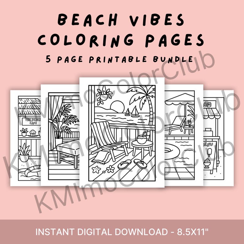 Beach Vibe Coloring Pages for Adults – 5 Printable Scenes – Spa, Pool ...
