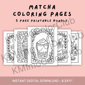 Matcha Tea Coloring Pages for Adults – 5 Printable Matcha Designs – Boba, Cozy Latte, Soft Serve & Tea Art – Relaxing Coloring Stress Relief