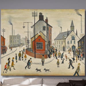 May include: A large, framed painting depicts a bustling street scene with figures, dogs, and buildings. The artwork features a muted color palette with a focus on architectural details and human activity. Smoke rises from factory chimneys in the background.