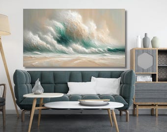 Sage Green Beige Minimalist Beach canvas,Large 3D Textured Wall Art,Ocean Wave Painting on Canvas,Wabi-Sabi Wall Art,Landscape print 788A