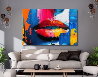 Lips Wall Decor,Lips Poster,Lips Graffiti Canvas Art,Love Heart Painting,Banksy wall art,Feminine Lips Painting,Sensual Lip Art,gift 342A