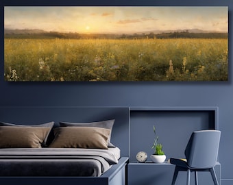 Horisontell 3D-texturerad väggkonst, stor lång bred solnedgångsängsmålning på duk, landskap, panoramautsikt över vildblomsfält, dekor, 857A