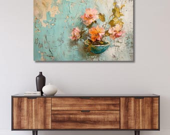 Abstrakte bunte Blumen Ölgemälde auf Leinwand, abstraktes strukturiertes Druckplakat, Wohnkultur Original Frühlingsblumen Wandkunst, moderne Kunst 193A