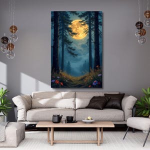 Full Moon Forest Canvas wall art,Enchanted Woodland Landscape,Mystical Pines at Night,Atmospheric Nature decor,Moonlit Poster Print,gift 754