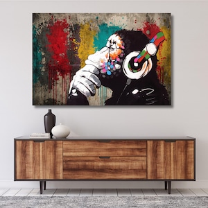 Banksy Denken Affe,Dj Affe Leinwand Wandbild,Banksy Affe,Kopfhörer Schimpanse, Banksy Wandkunst,Street Art, Wohnkultur, fertig zum Aufhängen 942