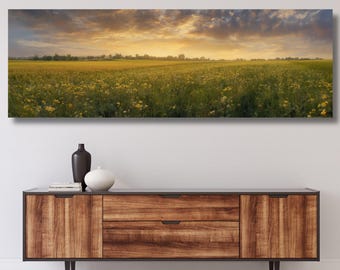 Horisontell 3D-texturerad väggkonst, stor lång bred solnedgångsängsmålning på duk, landskap, panoramautsikt över vildblomsfält, dekor, 876A