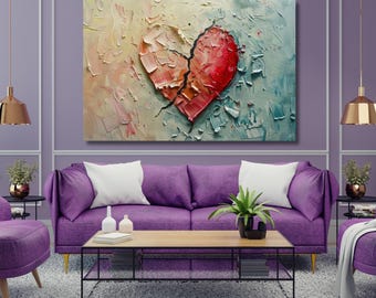 Arte en lienzo de corazón roto de amor, arte de pared de corazón de acuarela, regalo de aniversario, pintura abstracta, póster con impresión de corazón, listo para colgar, regalo para el hogar 334A