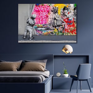 uvres d'art graffiti, cadeaux personnalisés, cadeau amour est tout ce dont nous avons besoin pour la maison toile 3D, décoration murale Banksy art mural salon, graffiti amour