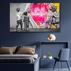 Décoration murale Banksy, toile 3D La vie est belle, oeuvres d'art graffiti, art mural moderne, affiche imprimée street art Banksy, prête à accrocher, cadeau pour la maison 186A