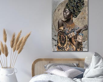 Arte de pared en lienzo de mujer africana, retrato de mujer negra, póster con impresión de mujer, pintura, decoración del hogar, arte africano, arte de pared moderno, listo para colgar, regalo 124