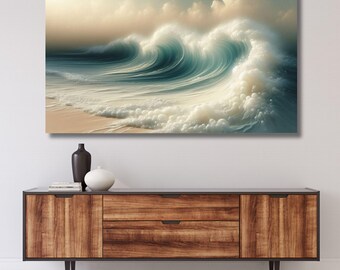 Sage Green Beige Minimalist Beach canvas,Large 3D Textured Wall Art,Ocean Wave Painting on Canvas,Wabi-Sabi Wall Art,Landscape print 789A