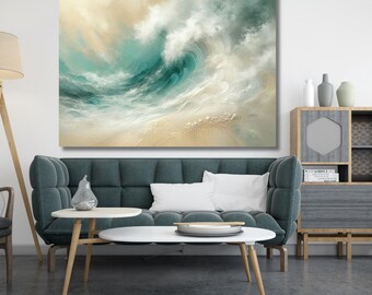 Sage Green Beige Minimalist Beach canvas,Large 3D Textured Wall Art,Ocean Wave Painting on Canvas,Wabi-Sabi Wall Art,Landscape print 790A