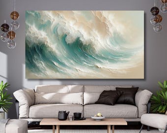 Sage Green Beige Minimalist Beach canvas,Large 3D Textured Wall Art,Ocean Wave Painting on Canvas,Wabi-Sabi Wall Art,Landscape print 792A