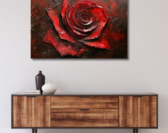 Red rose Oil Painting on canvas wall art,rose on the branch painting,floral print,flower poster,Red rose poster,modern art,ready to hang 192