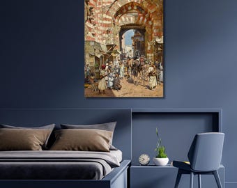 Gates of the Khalifa in Cairo art print,Vintage Egypt street scenery art,Oriental Arabic city painting,decor,vintage,Ready to hang,gift 258A