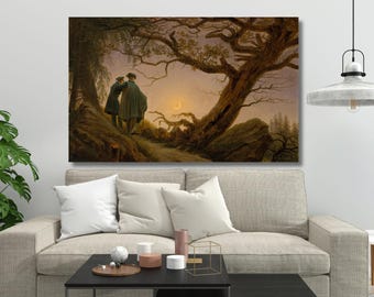 Caspar David Friedrich-Two Men Contemplating the Moon (1819) Canvas Wall Art,landscape,moonlight Print poster,home decor,Ready To Hang 3A