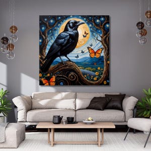 Crow Canvas Art,Raven art,Black Bird Starry black crow,Bird Wall Art,colourful crow print poster,Gothic wall decor,Crow,Halloween Decor 281A