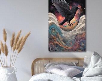Starry black crow,Bird Art Print,Crow Bird Canvas Wall Art,Halloween Decor Crow,Raven Art,Gothic Wall Decor,Funny Wall Art,gift home 278A