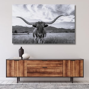 Longhorn cow canvas wall Art,Texas longhorn art,Farmhouse decor,longhorn print poster,Rustic wall art,home decor,Ready To Hang,gift 138A