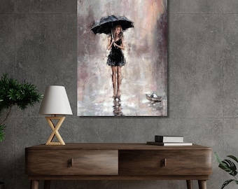 Woman under rain wall hangings,rainy day canvas print Art,Woman poster,Umbrella Girl poster,Modern Wall Decor,Trendy Wall Art Print decor 1A