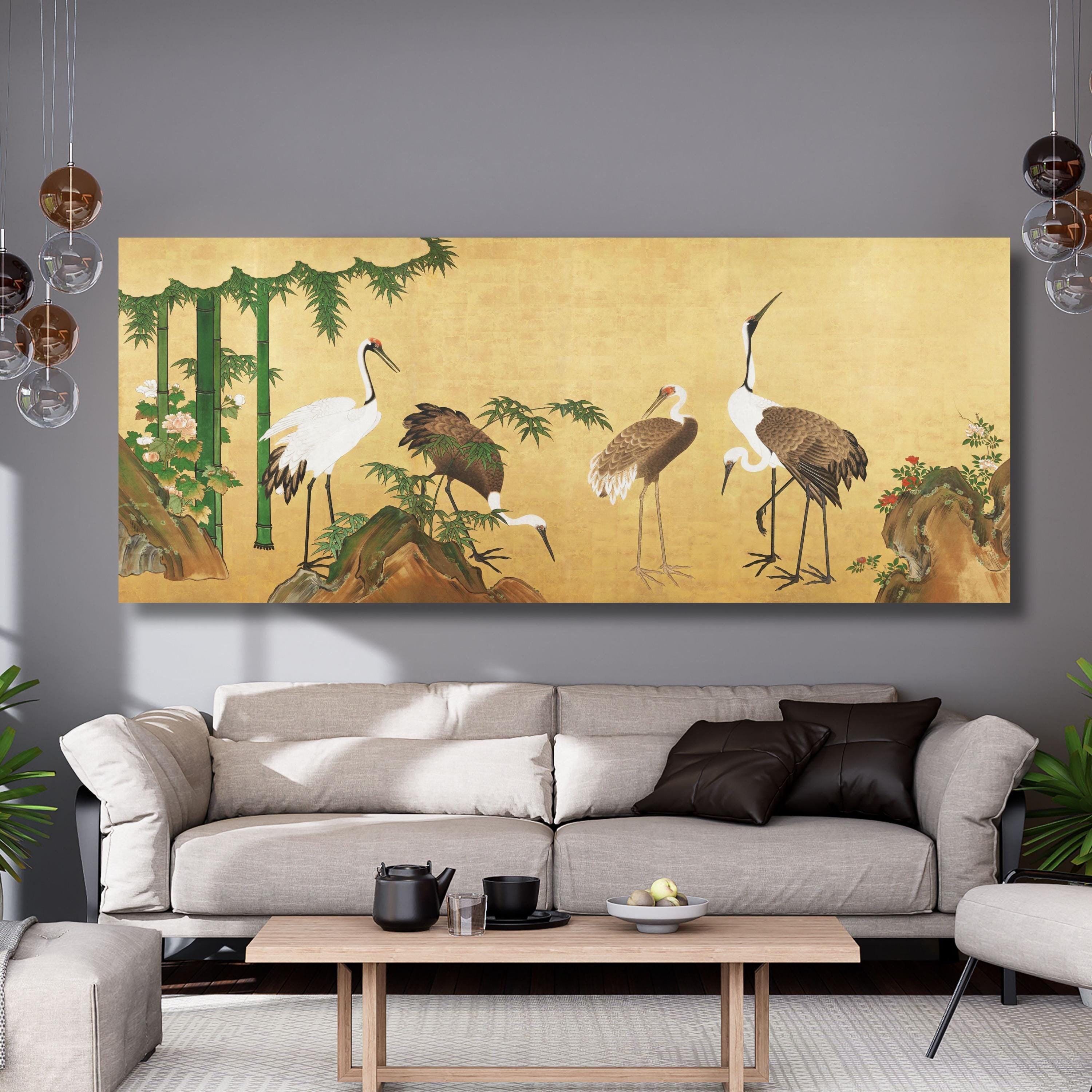 Kano School-japanese Cranes With Bamboo Canvas,bird Print Poster