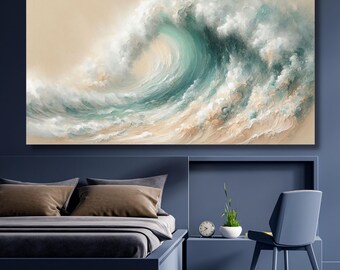 Sage Green Beige Minimalist Beach canvas,Large 3D Textured Wall Art,Ocean Wave Painting on Canvas,Wabi-Sabi Wall Art,Landscape print 796A