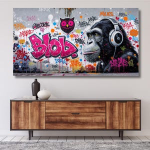 Banksy Thinking Monkey, Dj Monkey Canvas Wall Art, Banksy Monkey, Cuffie Chimp, Banksy Wall Art, Street Art, arredamento per la casa, pronto da appendere 950