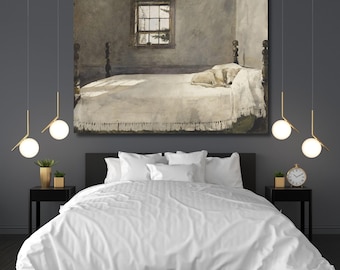 Dog Sleeping on Bed Canvas wall art,Dog print poster,home decor,classic art,vintage,wall decor,modern art,Ready To Hang,gift for home 1A