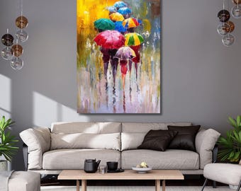 People with Colorful Umbrella Wall Art,Umbrella Canvas Print,Rainy Day Wall Art,trendy Wall Decor,Modern Art,Home Decor,ready to hang 638A