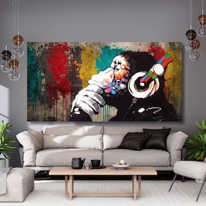 Singe penseur Banksy, art mural en toile singe DJ, singe Banksy, chimpanzé casque, art mural Banksy, art urbain, décoration intérieure, prêt à accrocher 944