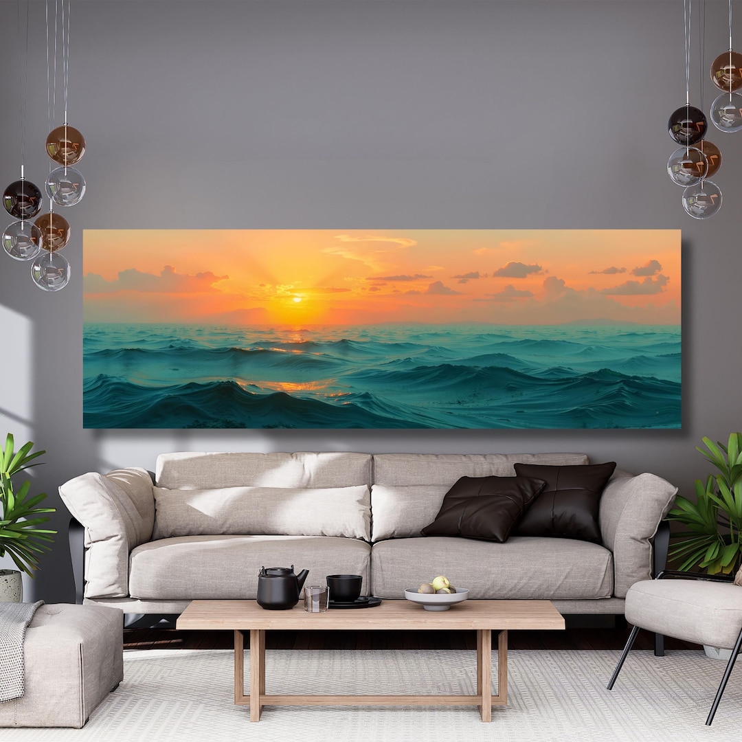 Panoramic Sunset Ocean Wave Painting on Canvas,ocean Textured Art