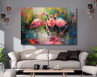 Pink Flamingo Wall Art,Animals Wall Decor,Flamingo Canvas Print,Cute animal poster,living room wall art, Home Decor,Ready to Hang,Gift 408A