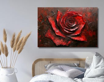 Red rose Oil Painting on canvas wall art,rose on the branch painting,floral print,flower poster,Red rose poster,modern art,ready to hang 192