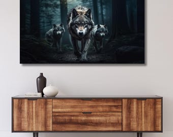Grey Wolves Canvas wall art,Wolf Print Picture,animal poster,modern art,Home Decor,Wildlife Wall Art,Ready to Hang,gift for home 561A