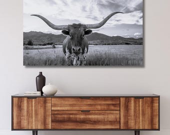 Longhorn cow canvas wall Art,Texas longhorn art,Farmhouse decor,longhorn print poster,Rustic wall art,home decor,Ready To Hang,gift 138A