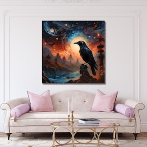 Crow Canvas Art,Raven art,Black Bird Starry black crow,Bird Wall Art,colourful crow print poster,Gothic wall decor,Crow,Halloween Decor 282A