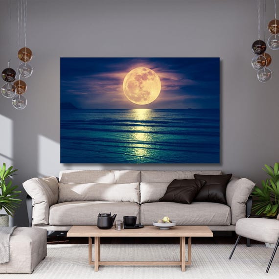 Wandbild Auf Leinwand 160x50 Cm – Vollmond über See – Fertig Auf Keilrahmen Gespannt