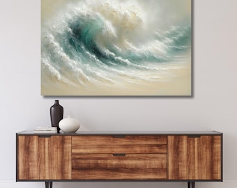 Sage Green Beige Minimalist Beach canvas,Large 3D Textured Wall Art,Ocean Wave Painting on Canvas,Wabi-Sabi Wall Art,Landscape print 800A