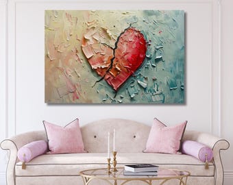 Arte en lienzo de corazón roto de amor, arte de pared de corazón de acuarela, regalo de aniversario, pintura abstracta, póster con impresión de corazón, listo para colgar, regalo para el hogar 334A