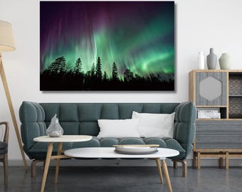 Toile d'aurores boréales, art mural aurores boréales, art mural aurores boréales, impression ciel nocturne, art mural moderne, décoration intérieure, paysage, maison cadeau 381A