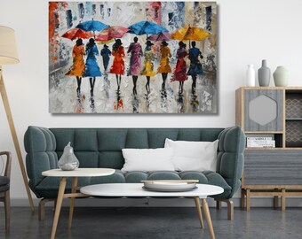 women with colorful umbrellas Painting Canvas wall art,Abstract Wall Decor,Colorful Wall Art,Abstract Rain Print,Ready to Hang,gift 318A