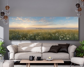 Horisontell 3D-texturerad väggkonst, stor lång bred solnedgångsängsmålning på duk, landskap, panoramautsikt över vildblomsfält, dekor, 855