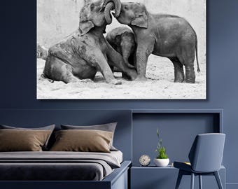 Art mural en toile éléphant, noir et blanc, impression éléphant, art mural éléphant, poster animal, décoration intérieure, art moderne, prêt à accrocher, cadeau maison 714A