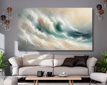 Sage Green Beige Minimalist Beach canvas,Large 3D Textured Wall Art,Ocean Wave Painting on Canvas,Wabi-Sabi Wall Art,Landscape print 787A