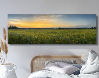 Horisontell 3D-texturerad väggkonst, stor lång bred solnedgångsängsmålning på duk, landskap, panoramautsikt över vildblomsfält, dekor, 878A